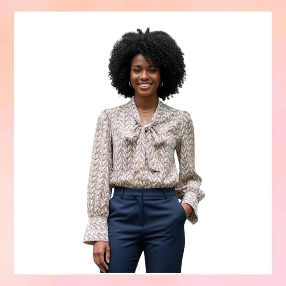 Banana Republic Petite XS Geometric Tie-Neck Blouse - Neutral Print